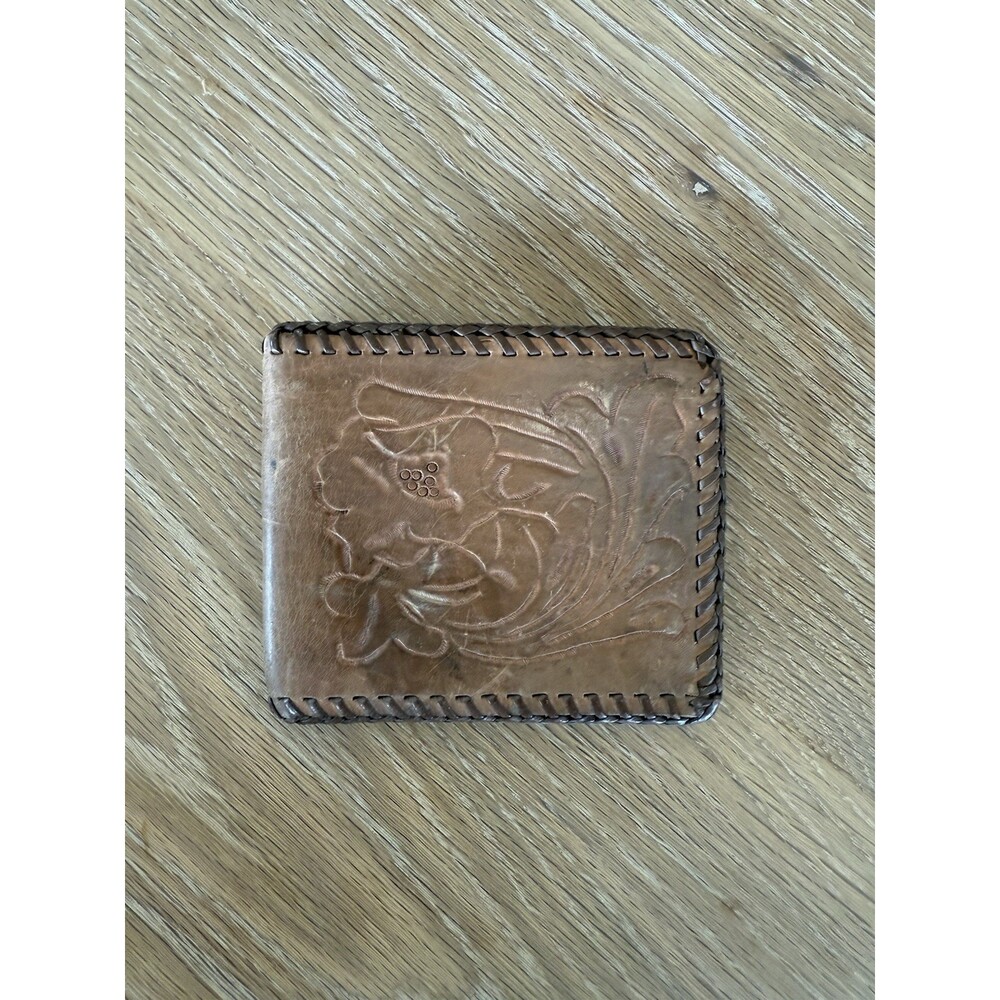 Vintage Western Hand Tooled Leather Wallet Floral Design Brown